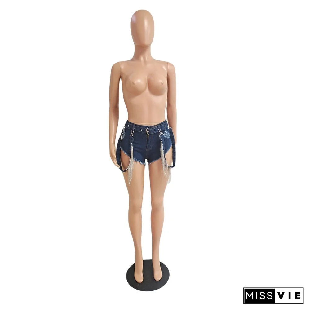 Low Waist Ripped Holes Tassel Hot Drill Denim Shorts