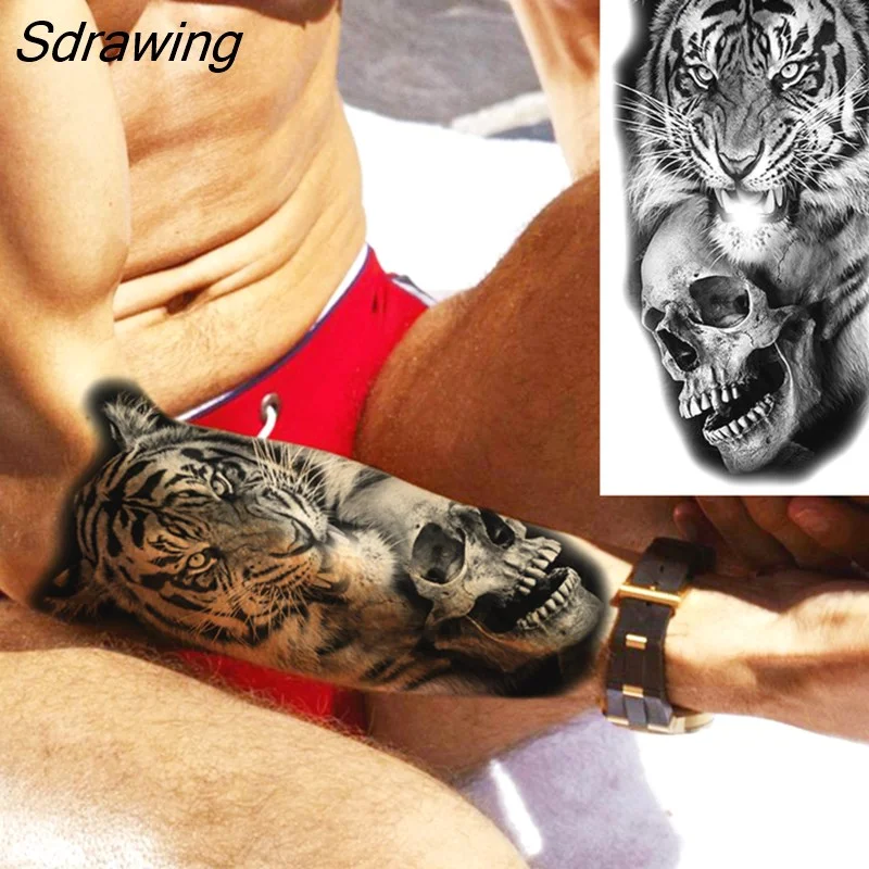 Sdrawing Warrior Punk Skeleton Gangster Rose Flower Temporary Tattoos For Women Men Lion Tiger Skull Rose Fake Tattoo Sexy Arm