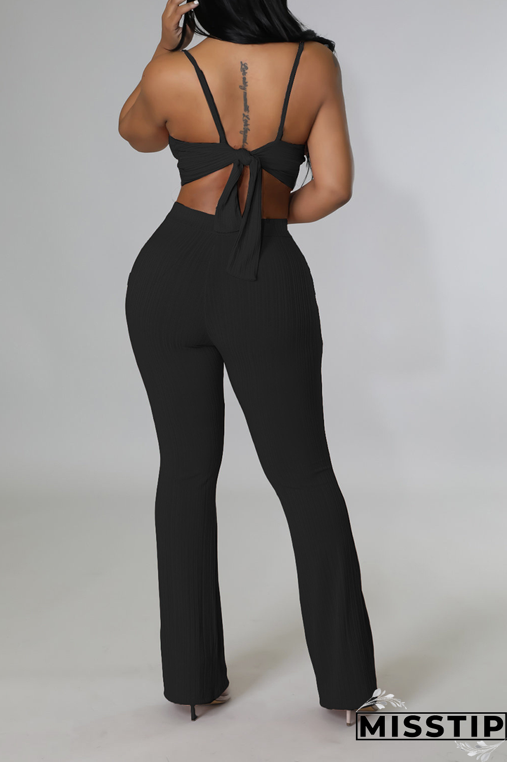 Black Fashion Print Patchwork Spaghetti Strap Sleeveless Two Pieces