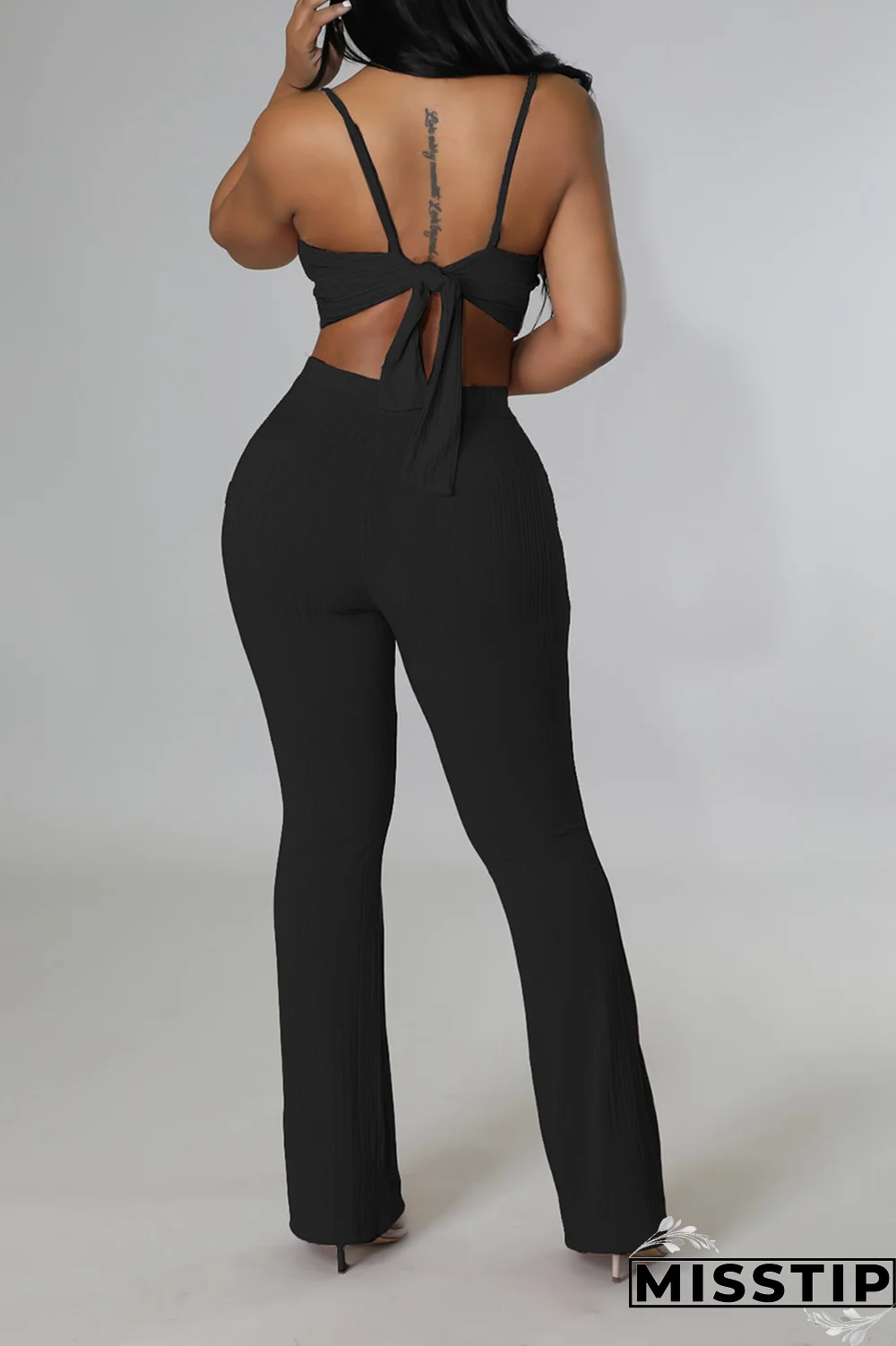 Black Fashion Print Patchwork Spaghetti Strap Sleeveless Two Pieces