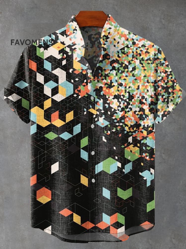 Fragmented Geometry Vintage Print Casual 100% Cotton Shirt Multicolor / S