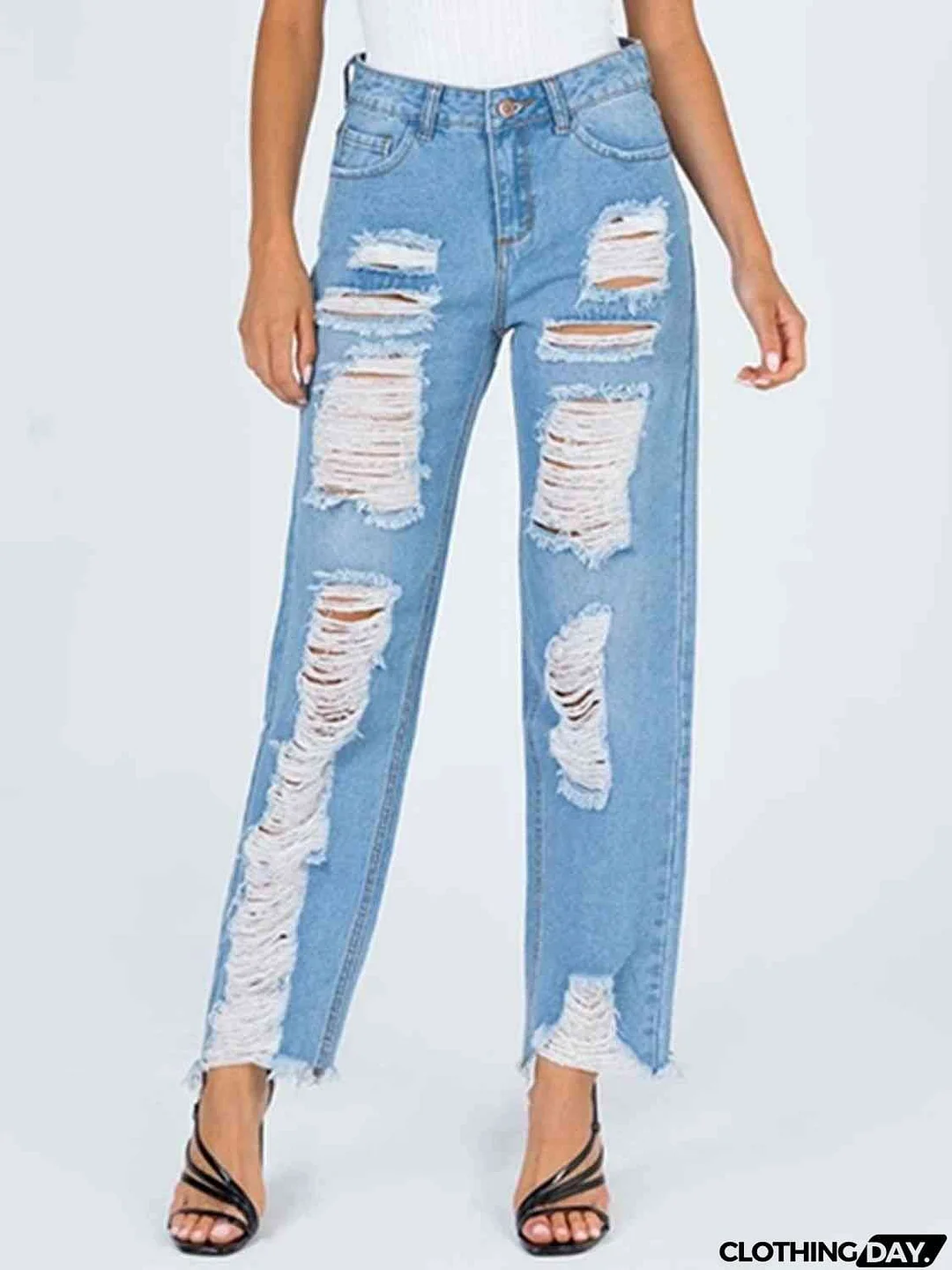 Raw Hem Distressed Straight Jeans