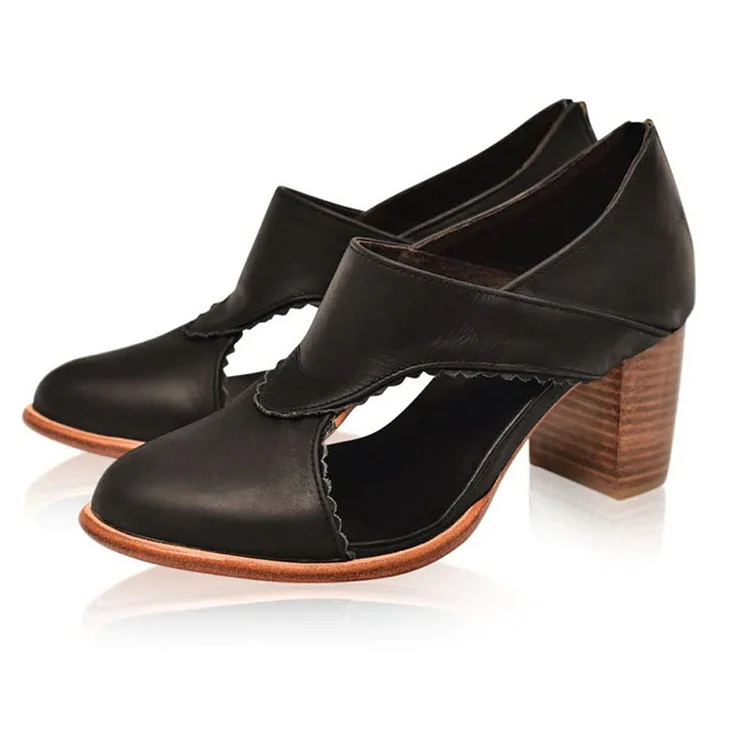 Black Round Toe Zipper Pump Classic Block Heel Loafer Vintage Hollow Out Shoes |FSJ Shoes