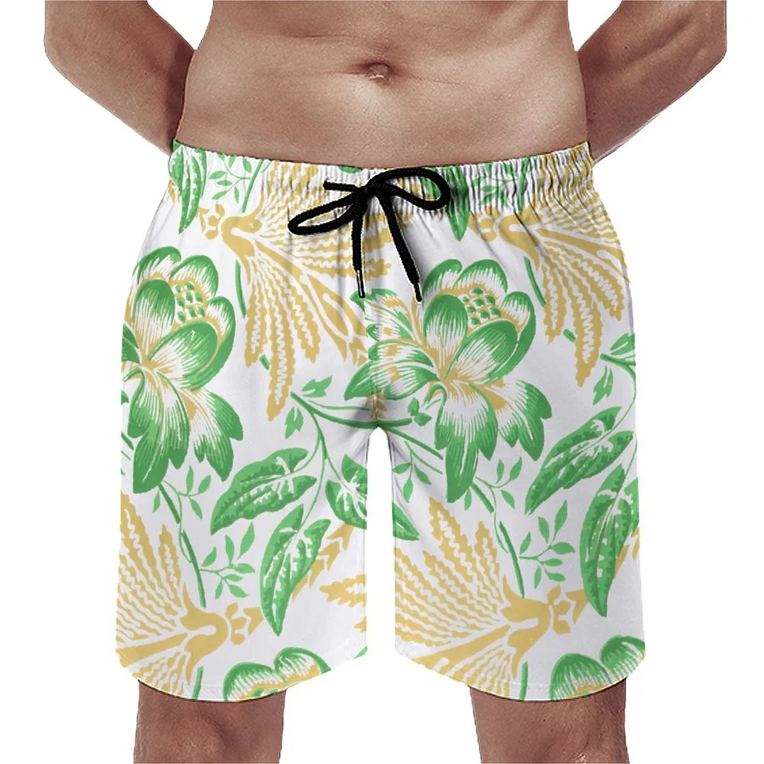 Antique Morning Glory French Floral Men's Swim Trunks Summer Board Shorts Quick Dry Beach Short with Pockets
