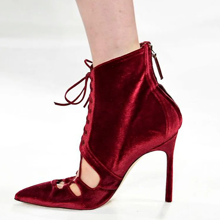 Burgundy Stiletto Velvet Shoes Pointed Toe Hollow Out Ankle Boots |FSJ Shoes