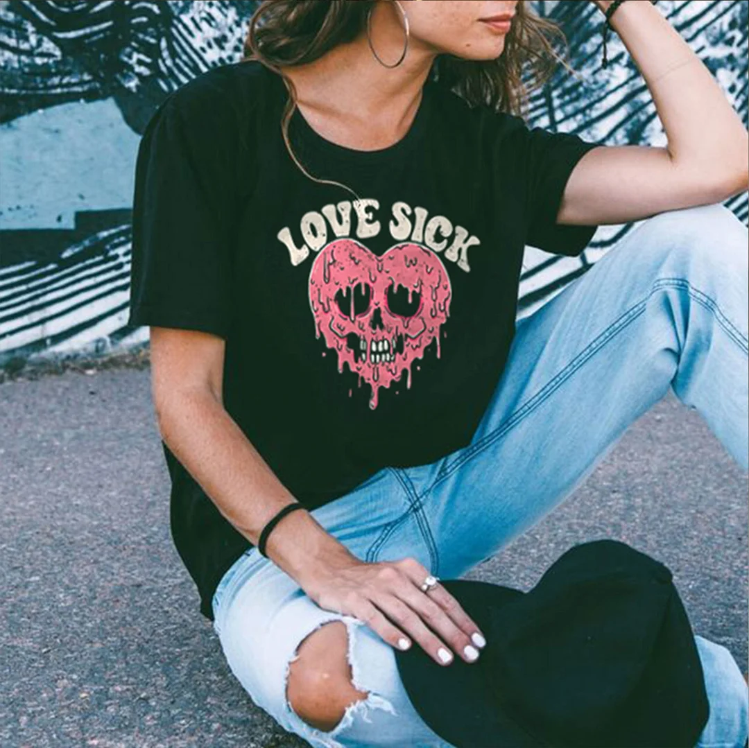 LOVE SICK Heart Skull Graphic Casual Black Print Regular-fit T-shirt