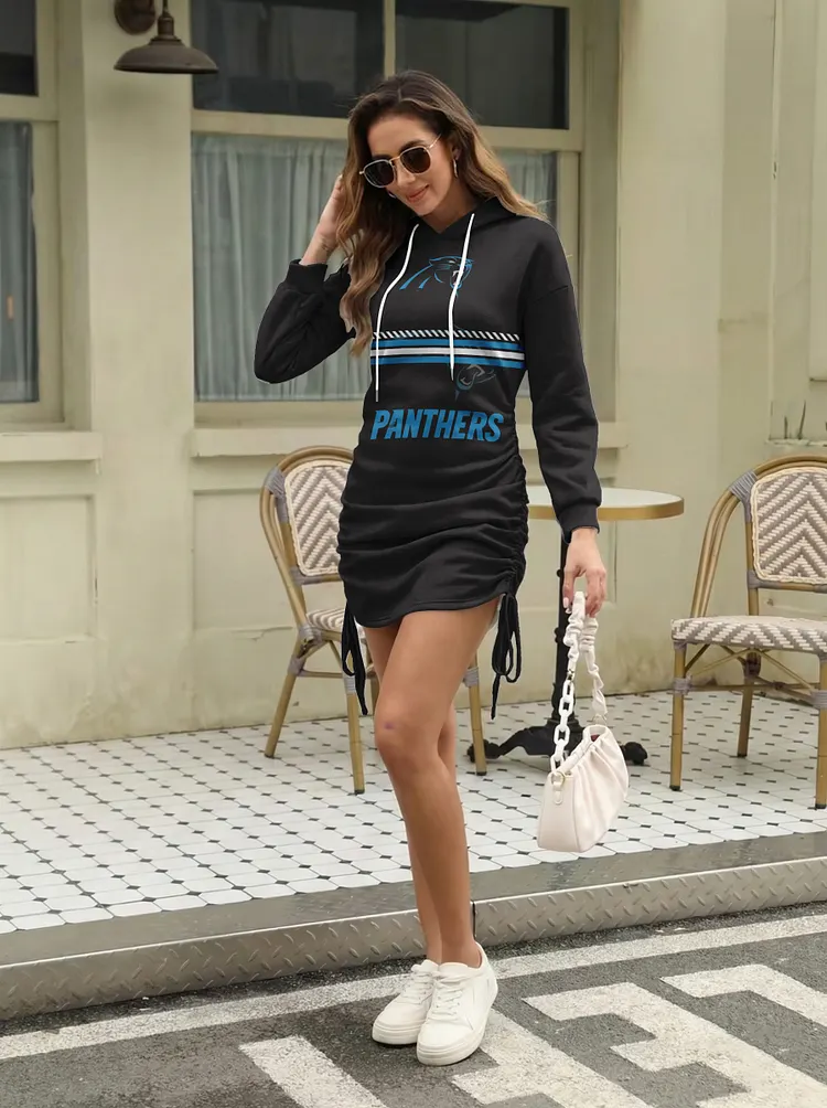 Carolina Panthers   Women's Casual Drawstring Side Ruched Hoodie Dress