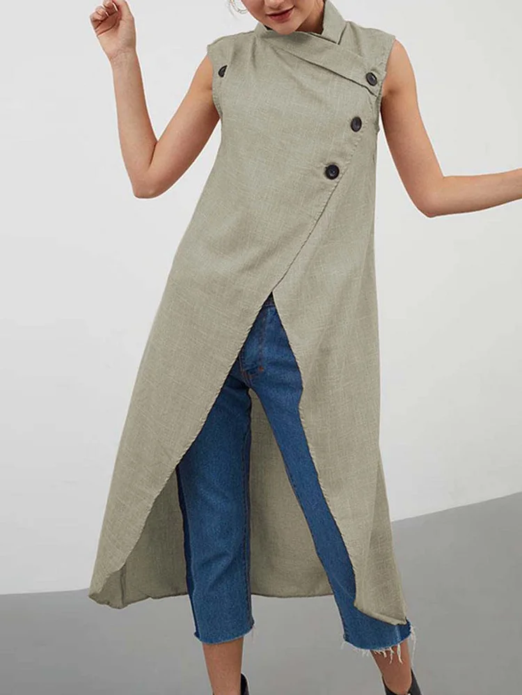 Mock Neck Button Detail Sleeveless Longline Blouse