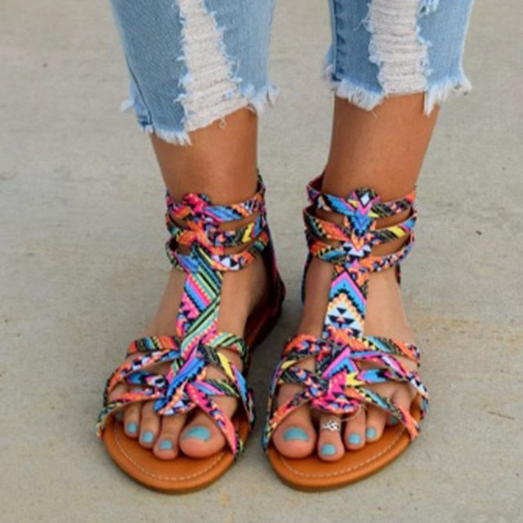 Lady Casual Sandals Shoes Plus Size 35-43 Women Bohemia Colorful Summer Gladiator Flat Ankle Strap Sandals Shoes