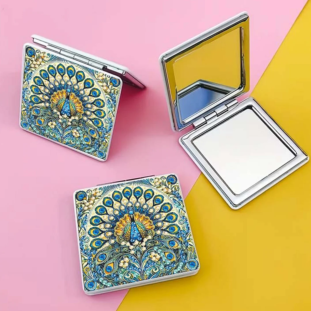 Blue Peacock DIY Special Shaped Diamond Painting Compact Mirror Kits Diamond Art Painting Pocket Mirror for Adults and Beginners