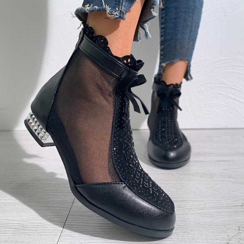 lace mesh insert chunky heeled boots