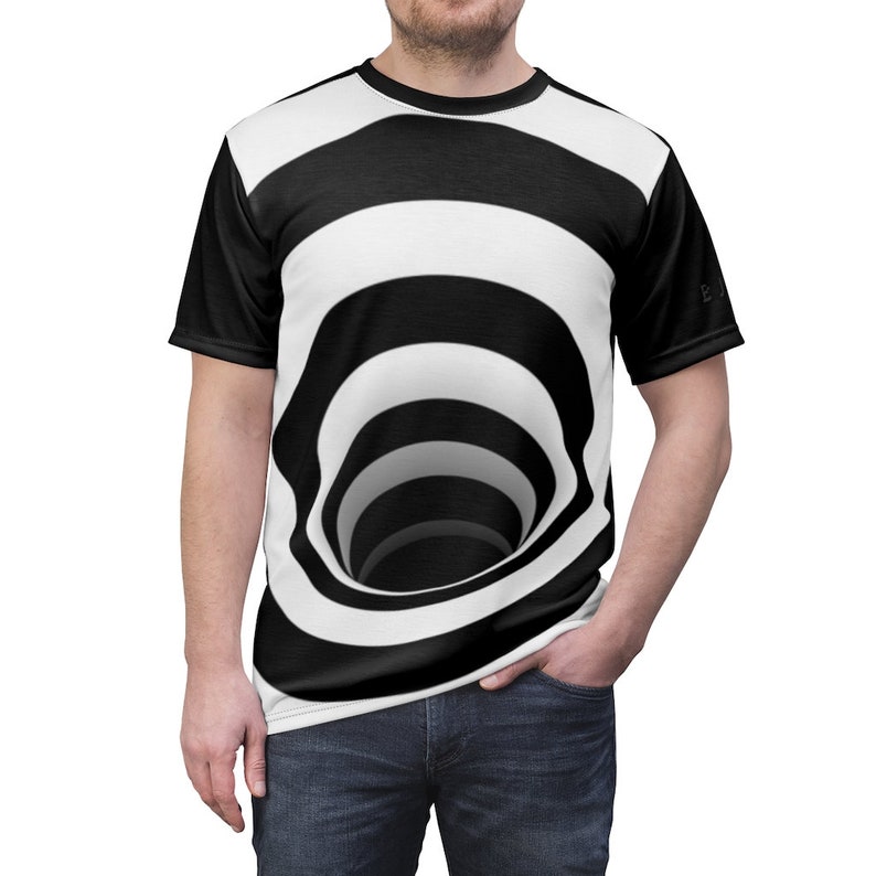 Optical Illusion Black Hole Rings Warped Design Futuristic Clothing (Black/White) - Unisex AOP Tee T-Shirt