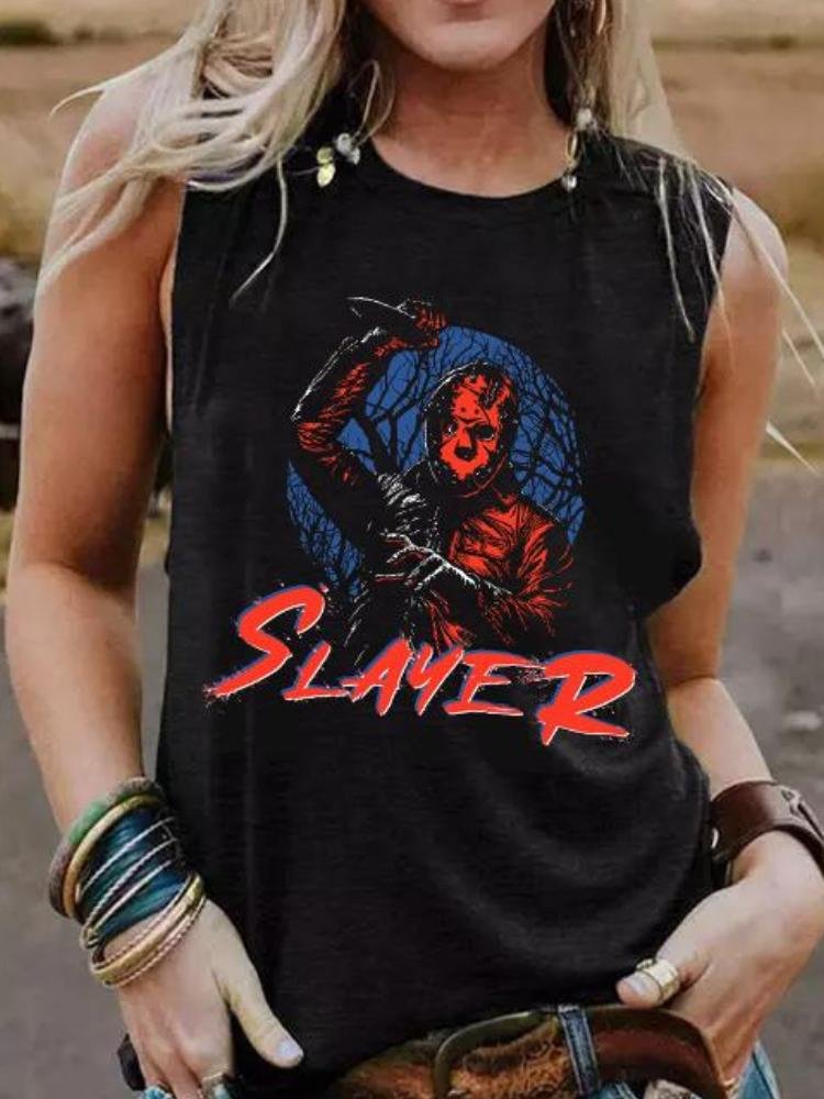 Classic Horror Movie Friday The 13th Graphic Slayer Printed Round Neck Sleeveless Top