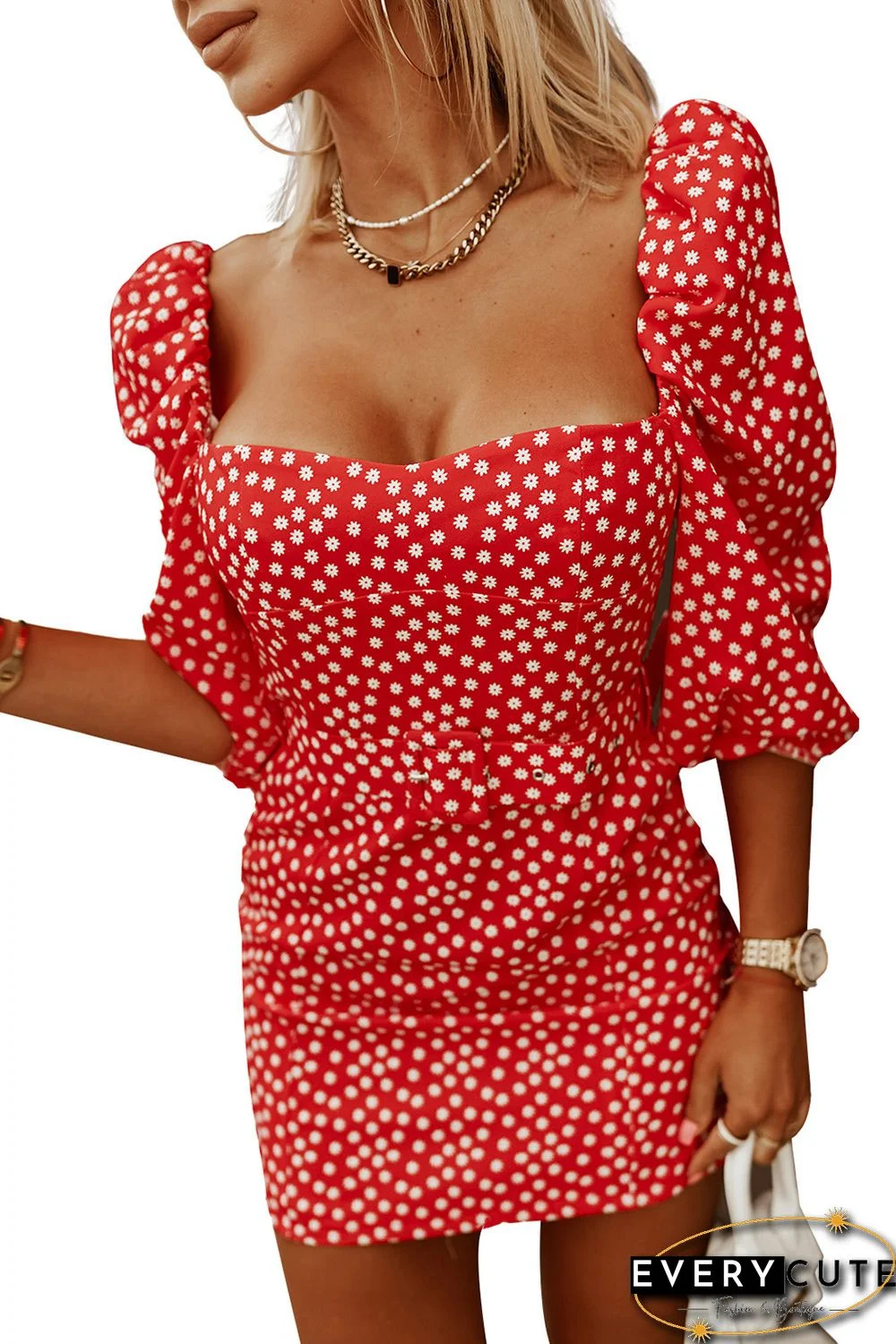 Red Daisy Print Square Neck Puff Sleeve Mini Dress