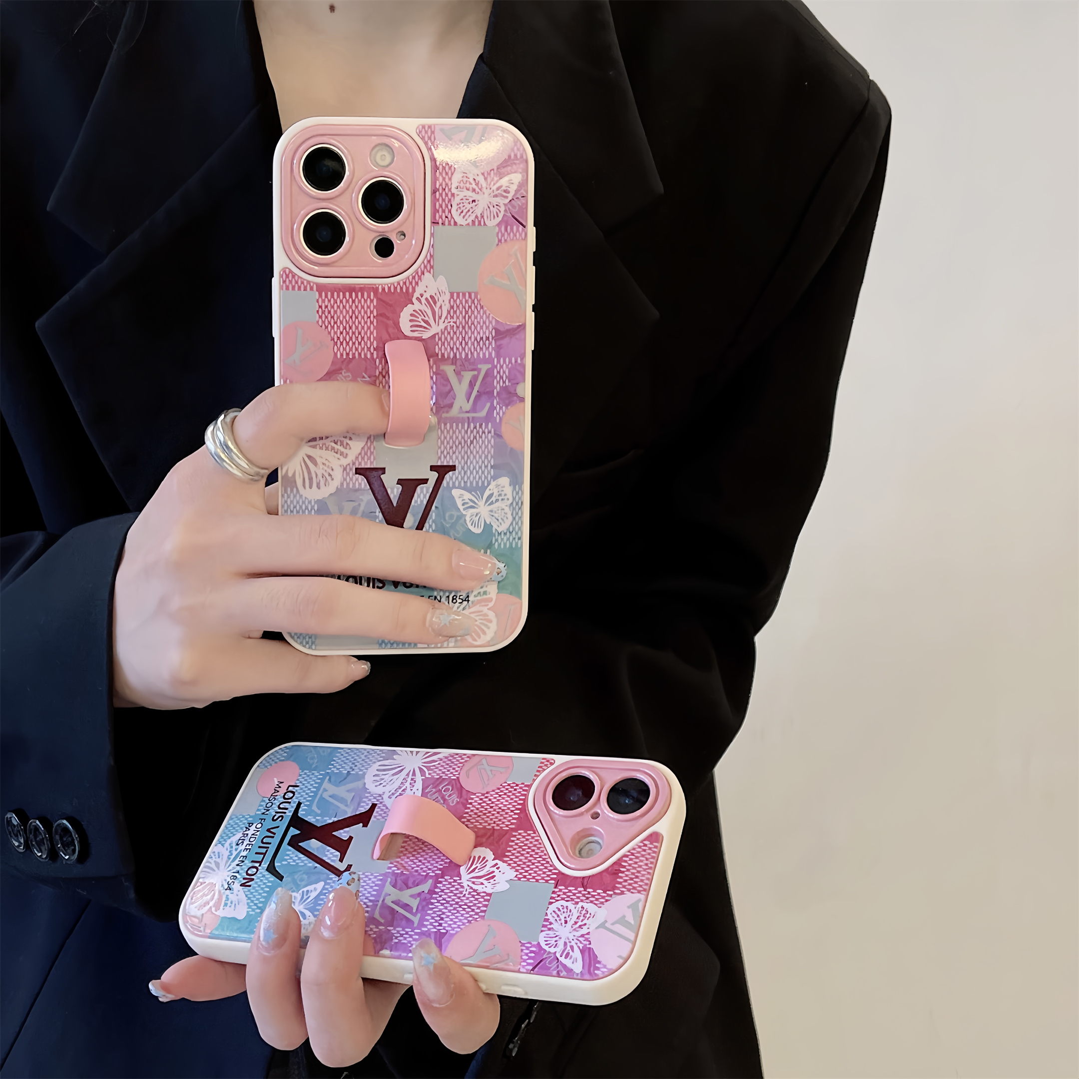LV Monogram Checkerboard Elegant Butterfly Print Ring Buckle Apple iPhone Case
