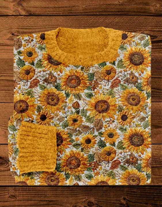 Gemütlicher Vintage-Strickpullover mit Sonnenblumen-Blumenstickerei