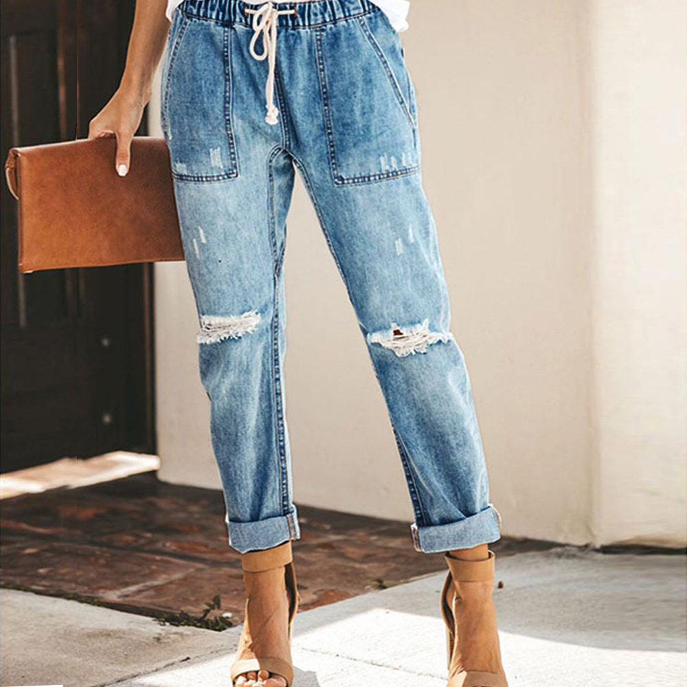 Drawstring elastic waist ripped jeans wearshes