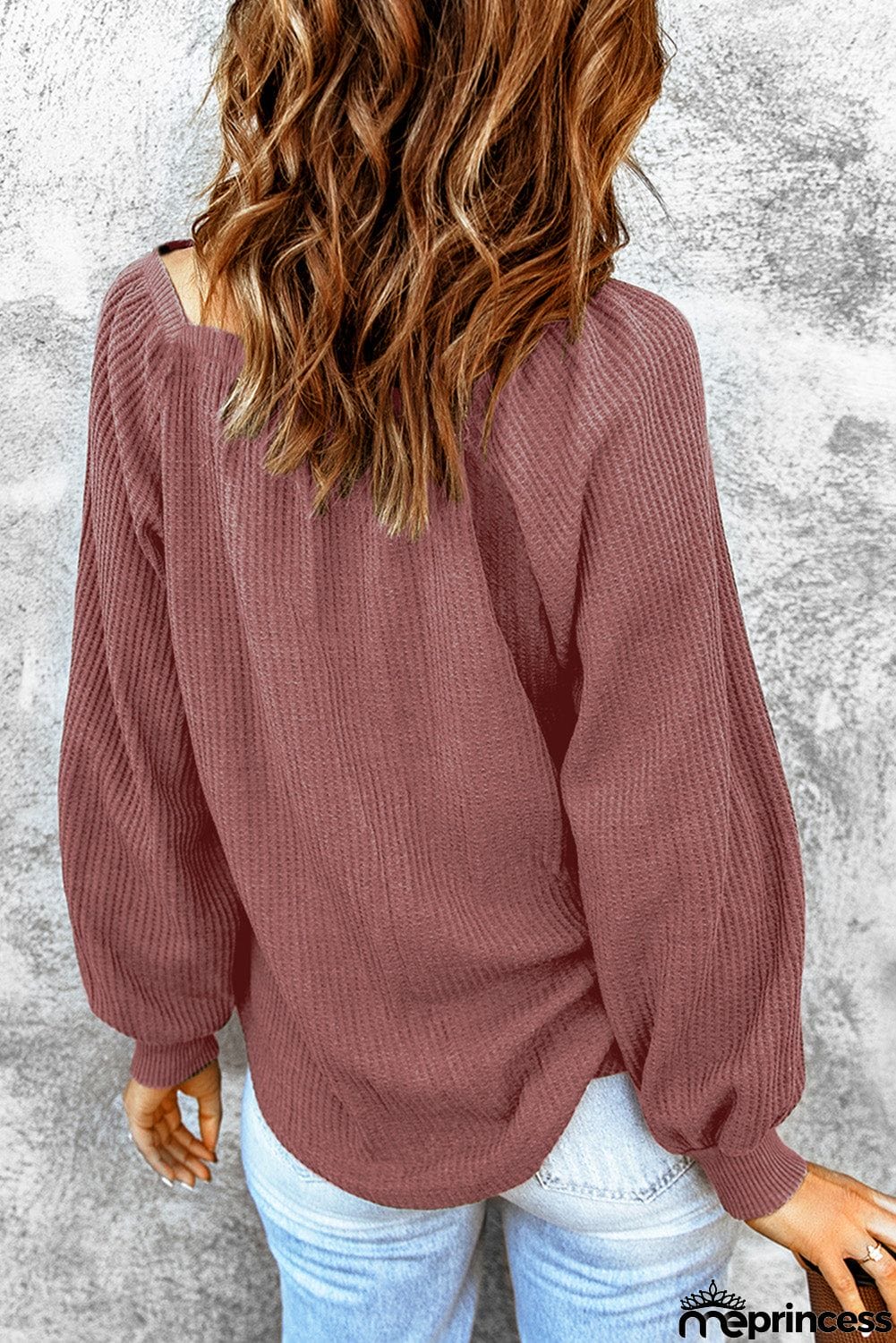 Scoop Neck Puff Sleeve Waffle Knit Top