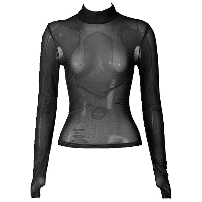 Uveng 2024 Summer Women's New Sexy Mesh Perspective Thin Half-High Collar Long-Sleeved Bottom Shirt
