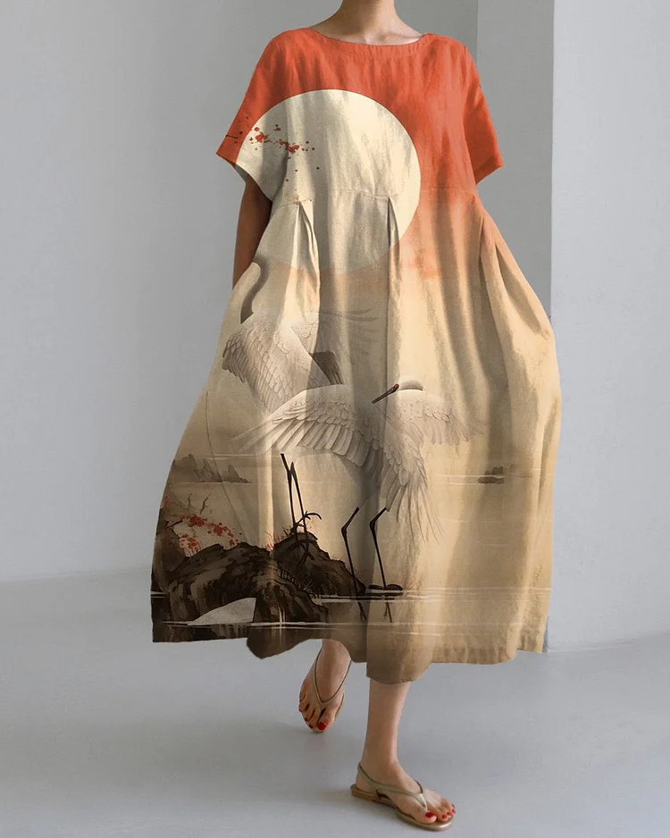 Flying Crane and Full Moon Painting Short Sleeve Midi Dress