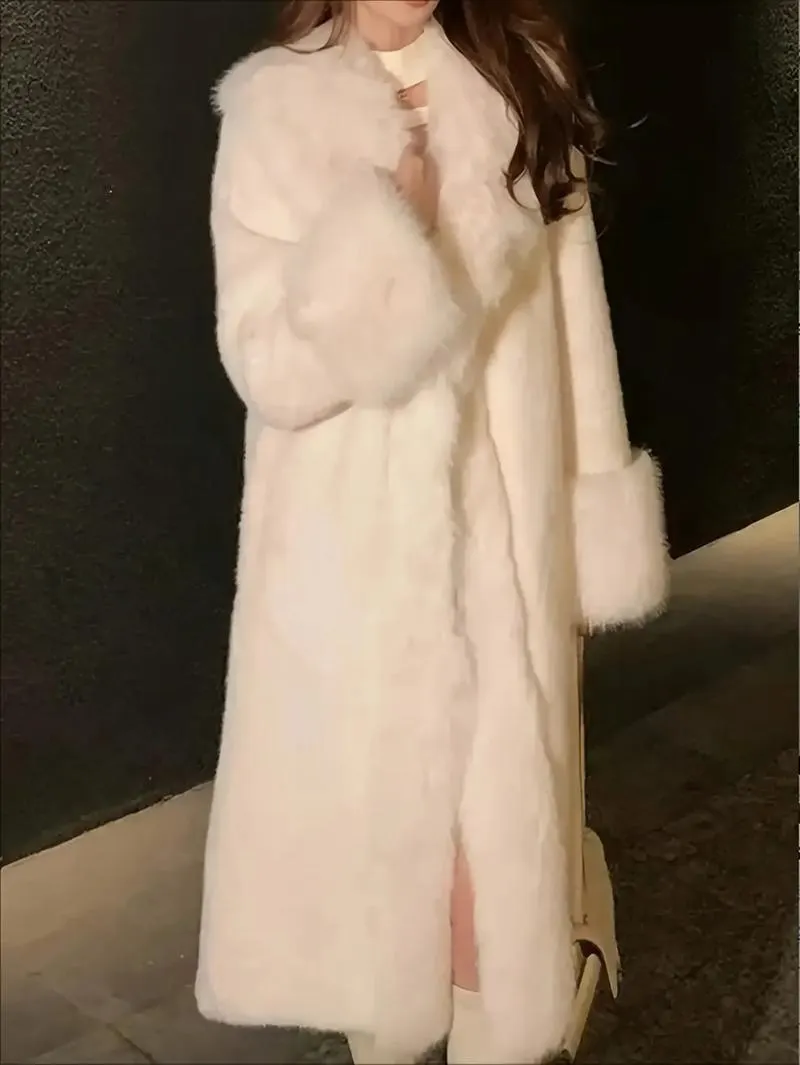 Women's Elegant White Faux Fur Coat High Quality Warm Winter Jacket Dual Purpose for Casual Formal Dinner Long Sleeve Soft Stylish Outerwear Pair with Statement Earrings Womenswear Tops Basic Minimalist winter clothes women winter coats women