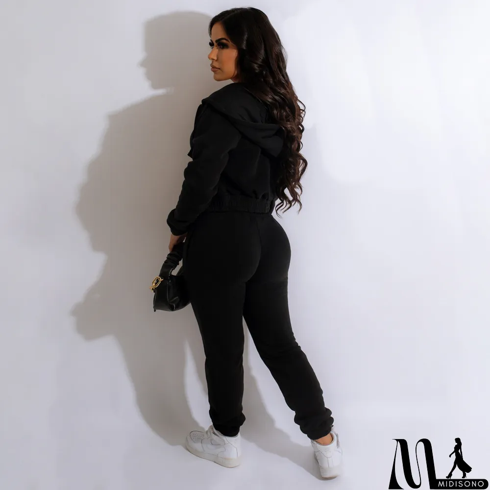 MidiSono - Plush Solid Tank Tops+Hooed Zipper Coat+Pants Sports Three Piece Set