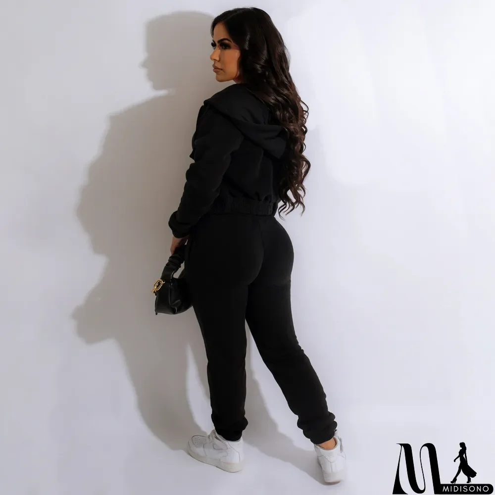 MidiSono - Plush Solid Tank Tops+Hooed Zipper Coat+Pants Sports Three Piece Set
