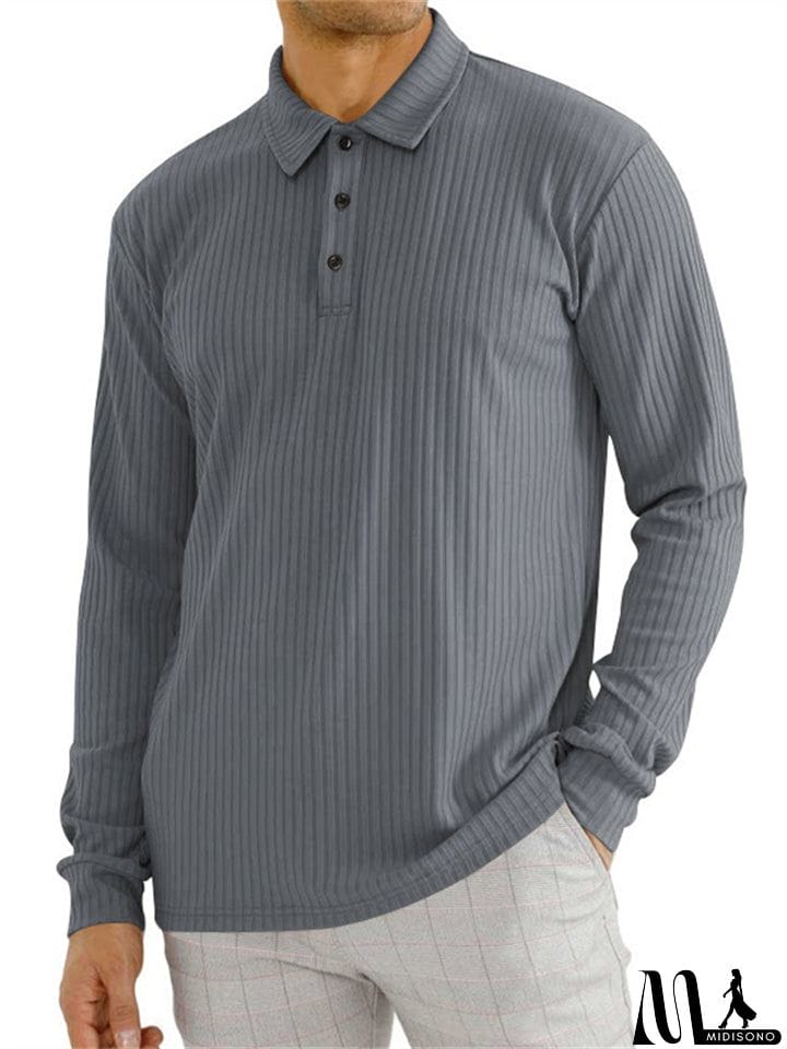 MidiSono - Men's Fall Lapel Long Sleeve Stripe Texture Golf Shirt