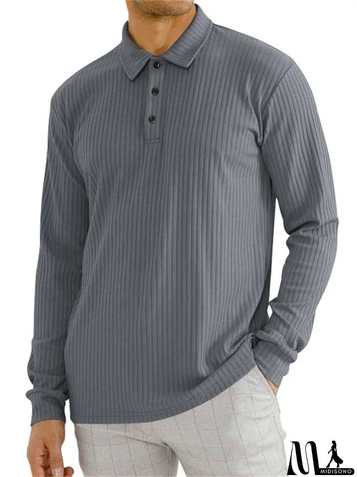 MidiSono - Men's Fall Lapel Long Sleeve Stripe Texture Golf Shirt