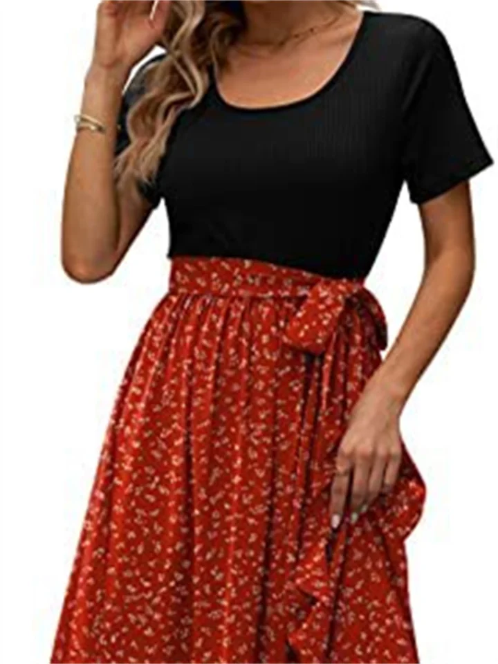 Fashion Women's New Comfortable Casual Round Neck Splicing Lacing Flower Print Short Sleeve High Waist Casual Dress Kmmey