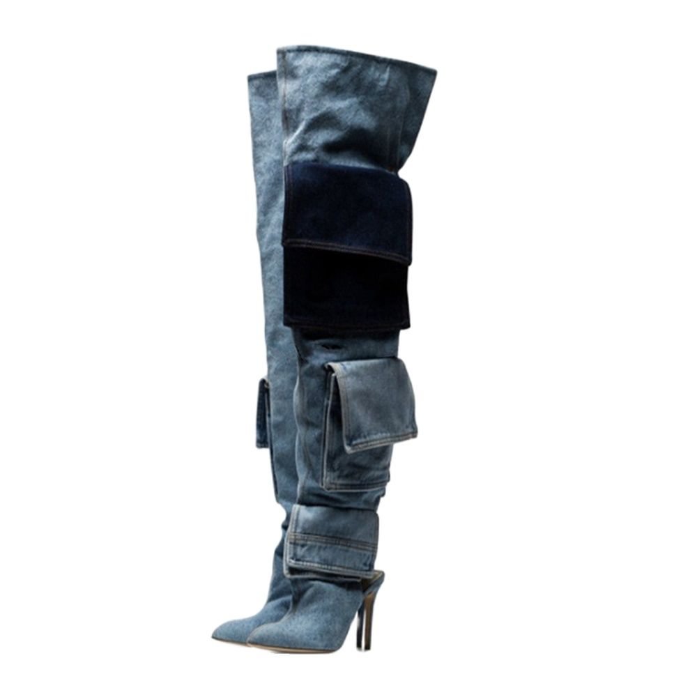 Patchwork Denim Pocket Boots Pointed Toe Over The Knee Thin High Heels Slip On Sexy Women Autume Winter Party Dress Boots Shoes
