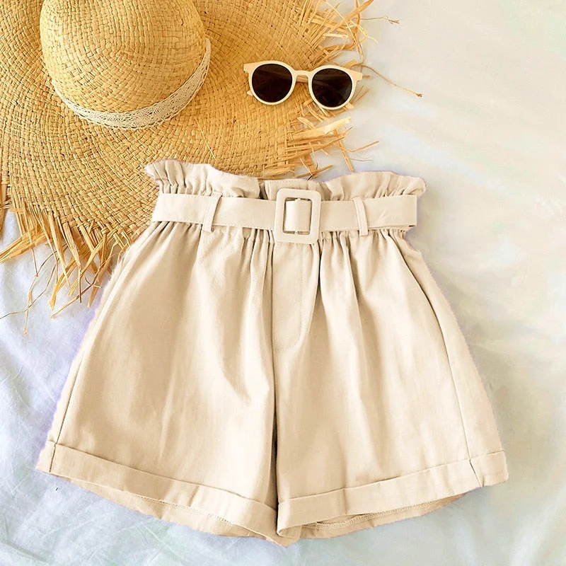 Women Casual High Waist Loose Cotton Short Pants 2022 Summer Elegant Sweet Girls All-Match Wide Leg Shorts With Belt Korean