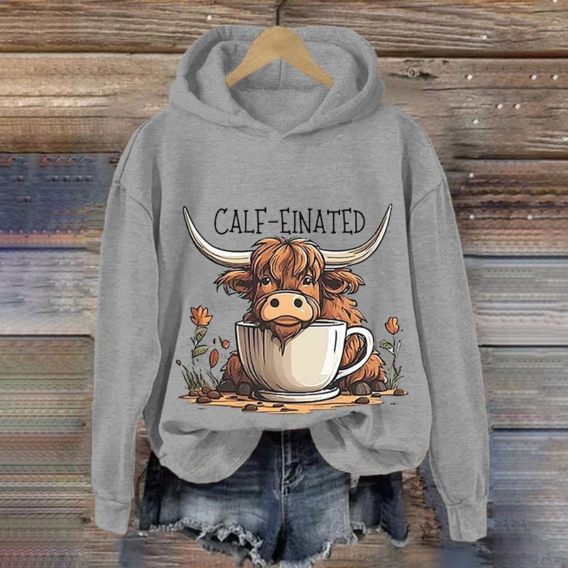 Women's Casual Highland Cow Printed Hoodie wearshes