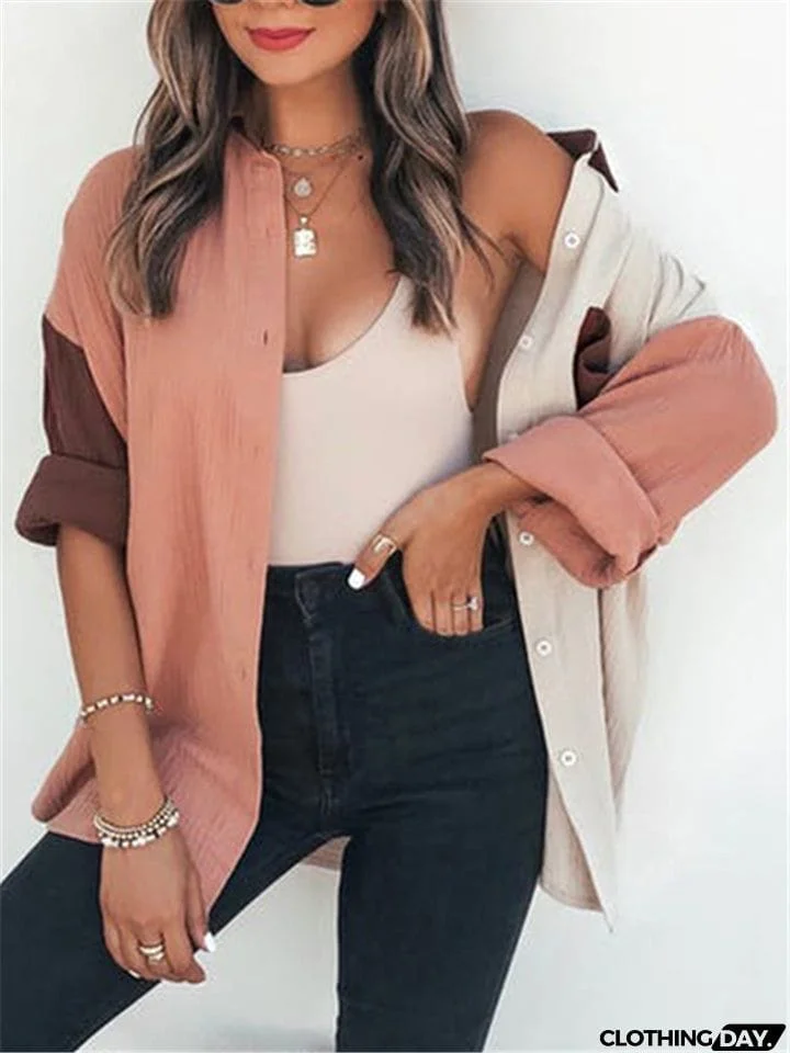 Women Lapel Buttons Long Sleeve Blouses With Pocket