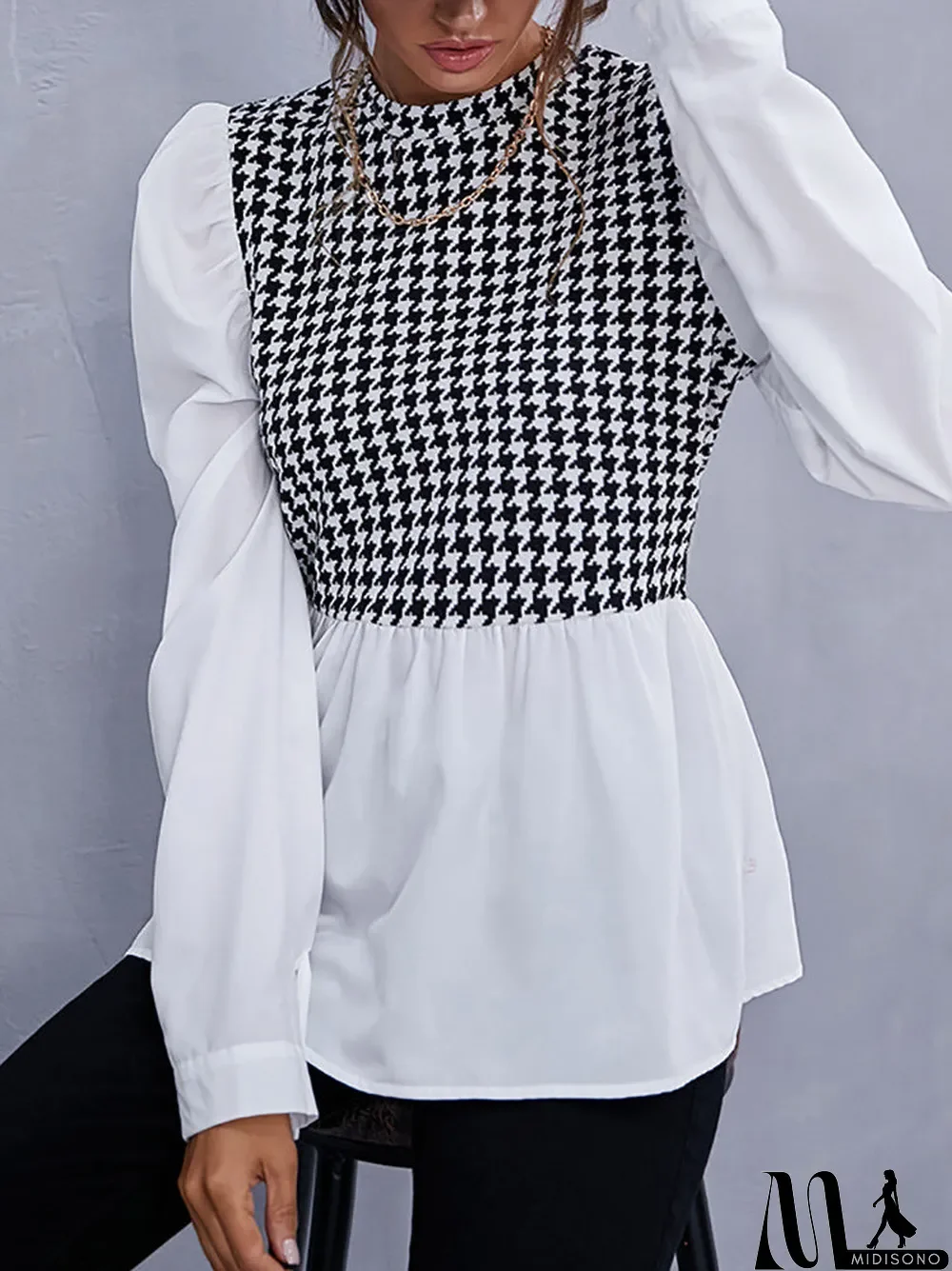 MidiSono - Women Long Sleeve Scoop Neck Printed Stitching Tops