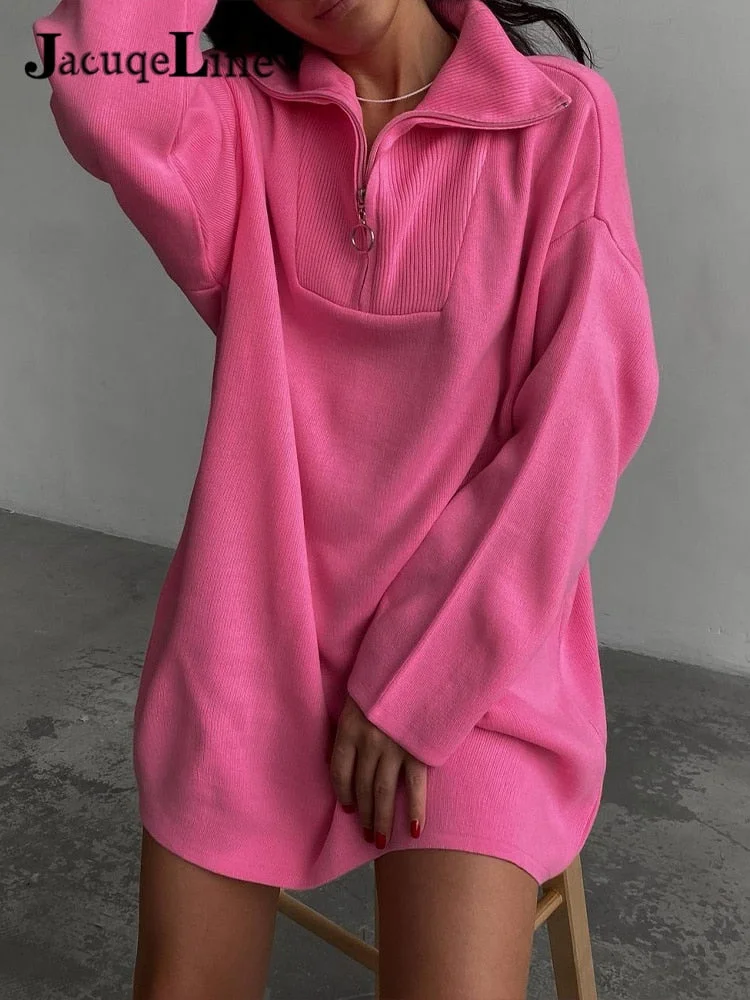 JacuqeLine 2021 Autumn Winter Zipper Mini Knitted Women's Dress Sweater Oversize Long Sleeve Y2K Top Party Woman Clothes Dresses