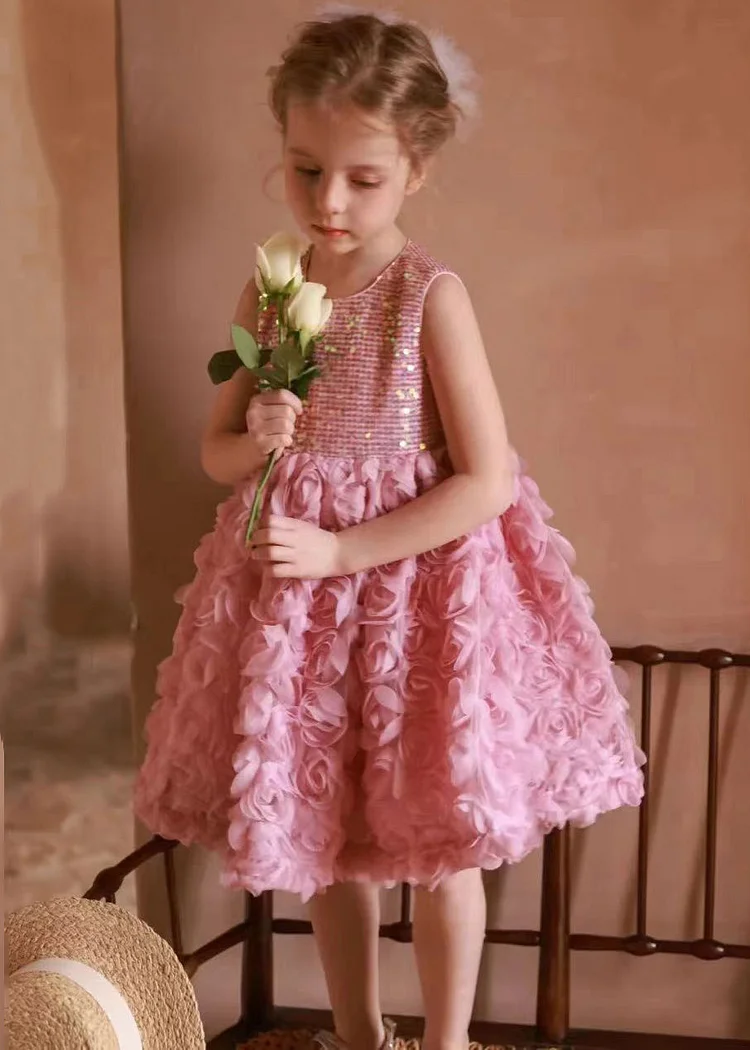 Floral Pink Sequins Patchwork Tulle Girls Dresses Sleeveless