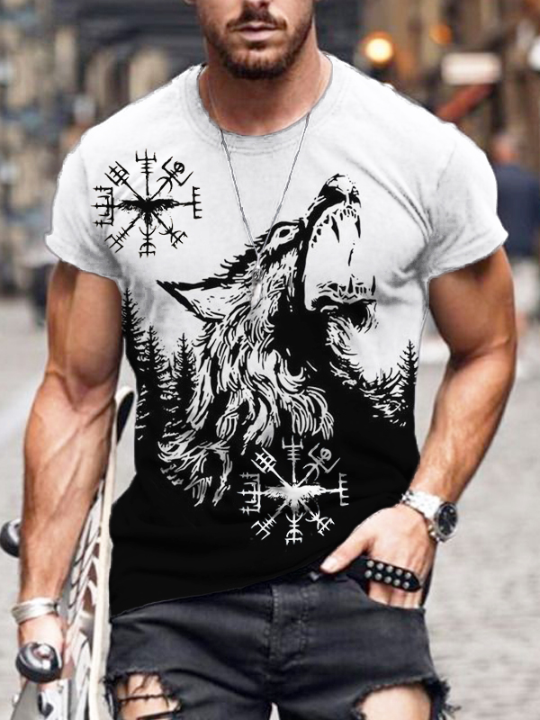 Men's Viking Wolf Fenrir & Compass Graphic Short Sleeve T Shirt wearshes