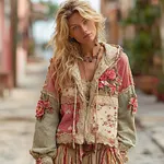 Women's Floral Embroidery Color Block Boho Casual Zip-up Hoodie - Image 2