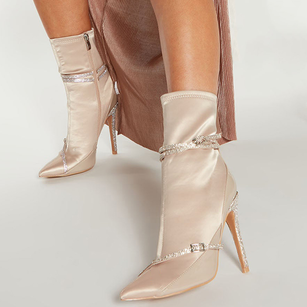 Champagne Satin Pointed Toe Rhinestone Strap Heeled Ankle Boots Nicepairs