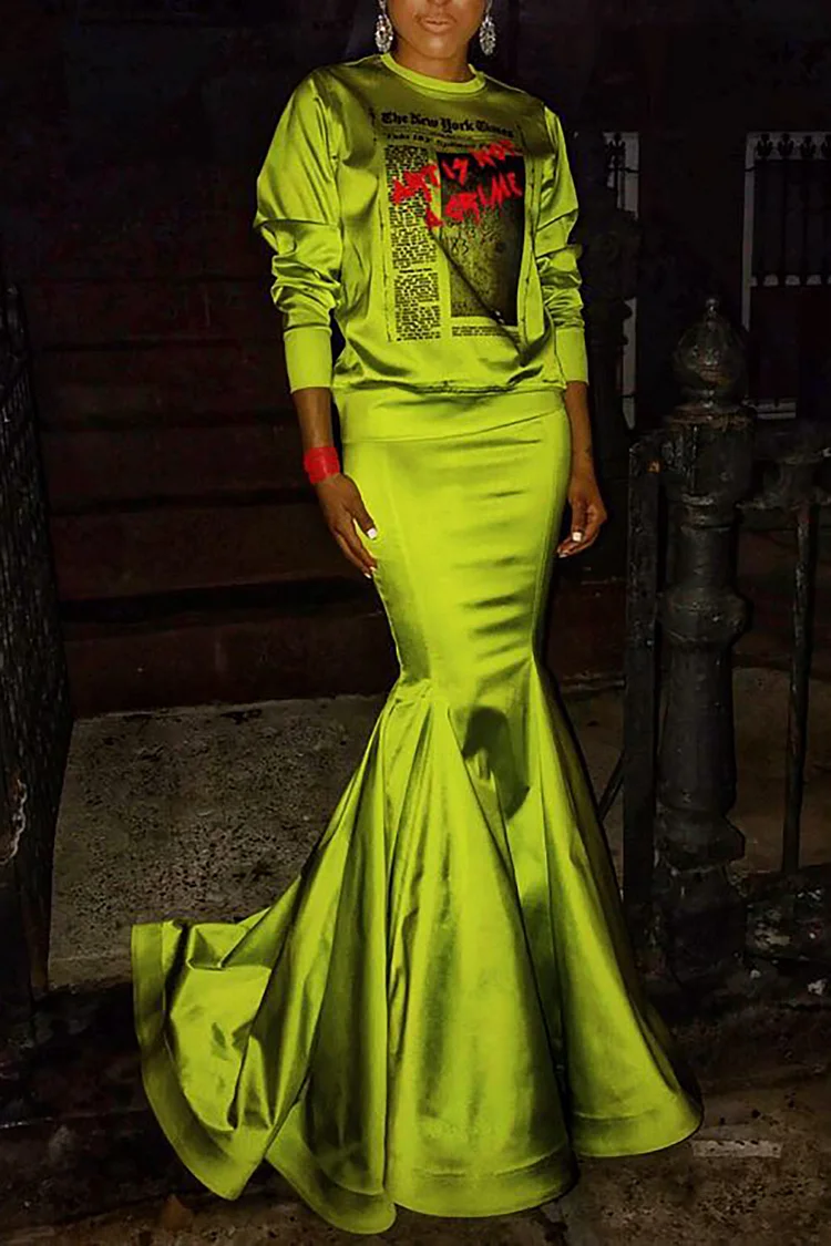 Plus Size Party Skirt Sets Casual Green Fall Winter Long Sleeve Flounce Satin Two Piece Skirt Sets [Pre-Order]