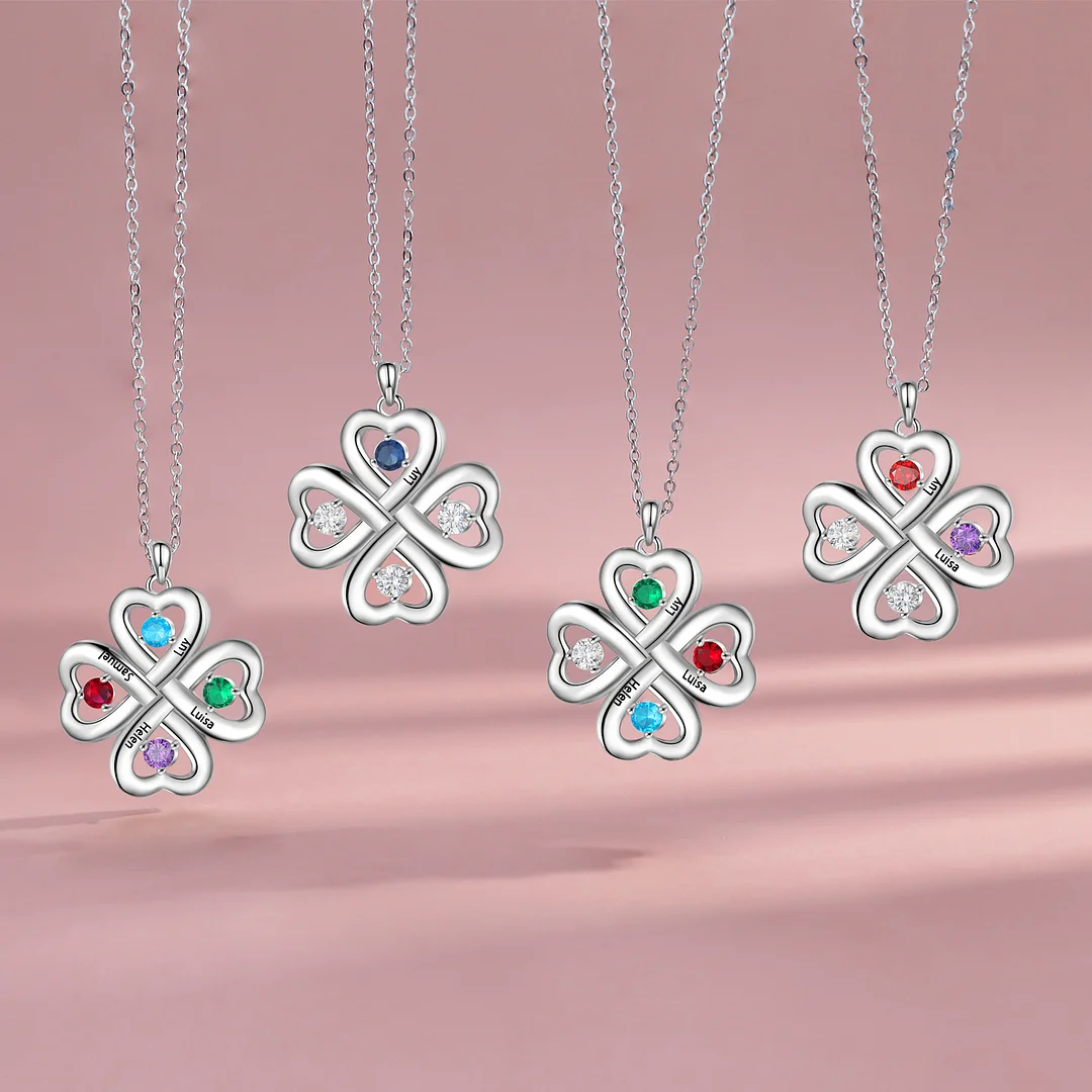 Custom Four-Leaf Clover Necklace with Birthstone Engrave 4 Names