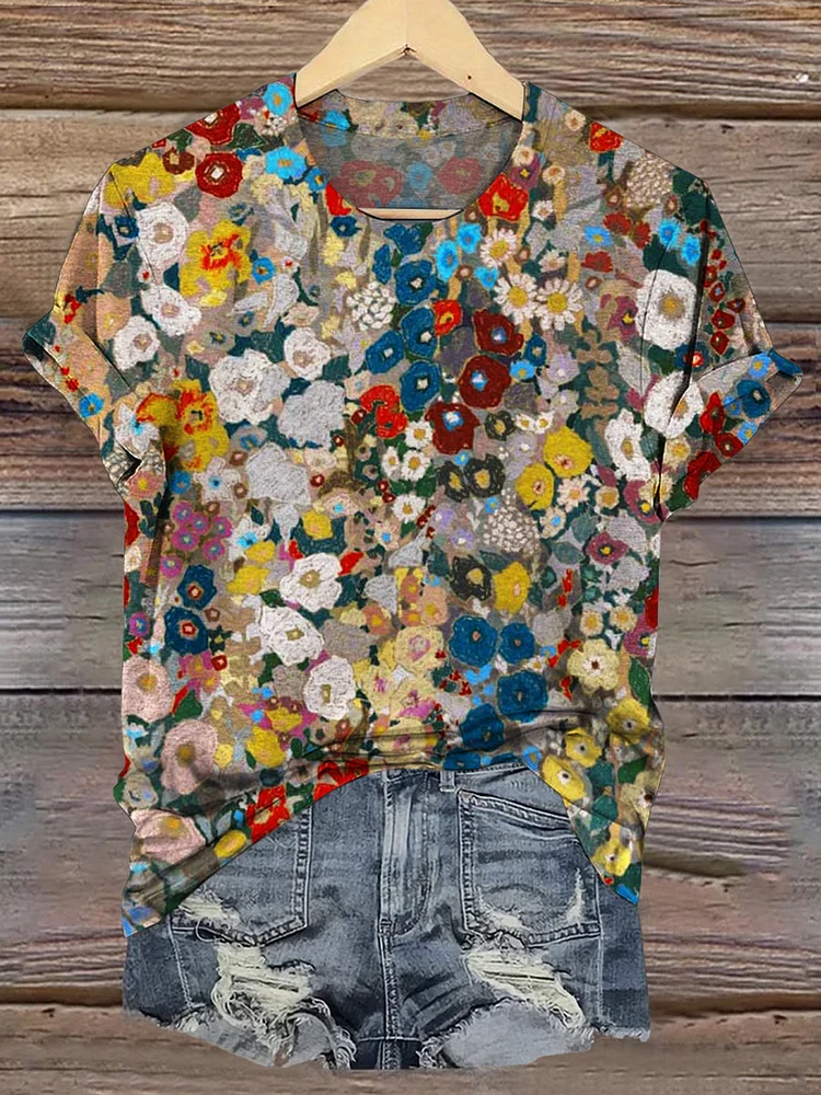 Vintage Floral Print Casual Short Sleeve Top