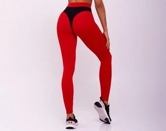 Pornhint Red and Black Leggings With Thong Insert, Push Up Mid-Rise Leggings For Gym Workouts And Yoga, Athletic Long Leggings For Women