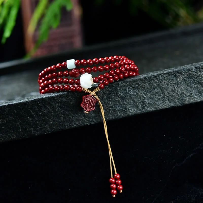 Tibetan Cinnabar Lotus Quadruple Wrap Blessing Bracelet Mala