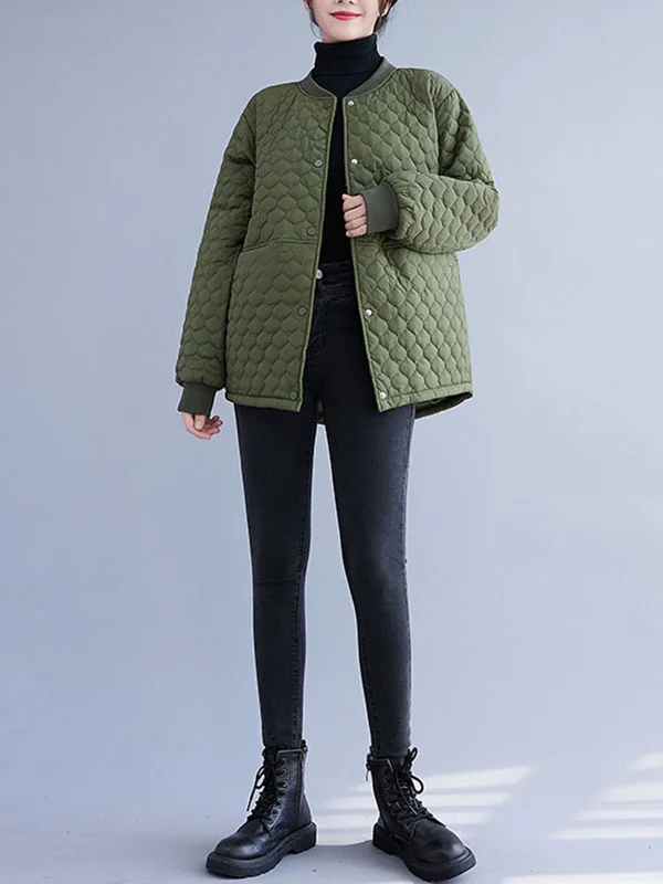 Casual Loose Solid Color Buttoned Stand Collar Long Sleeves Padded Coat