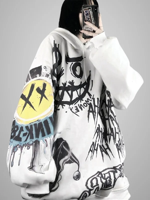 Gothic Graphic Color-block Casual Drawstring Fleece Oversize Hoodie