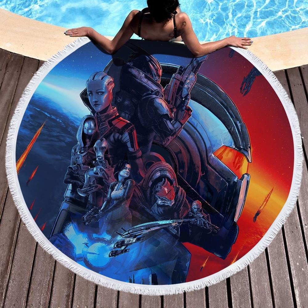 Mass Effect Legendary Edition Beach Towel Round Tassel Carpet Picnic Blanket Outdoor Home Use