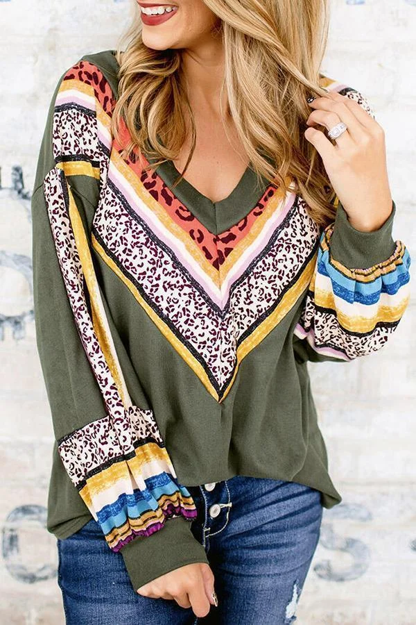 Womens Leopard  Patchwork Deep V Neck T-Shirt-Allyzone-Allyzone