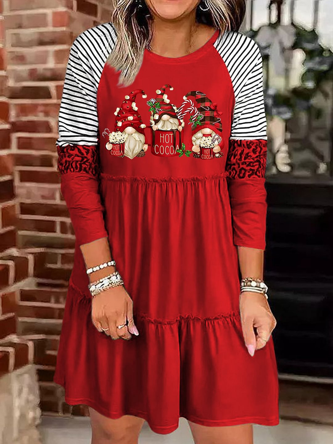Merry Christmas Hot Cocoa Gnomes Print Long Sleeve Dress